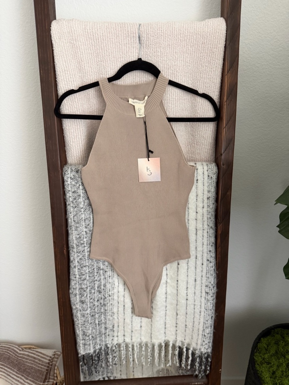 Ribbed Halter Bodysuit in light brown